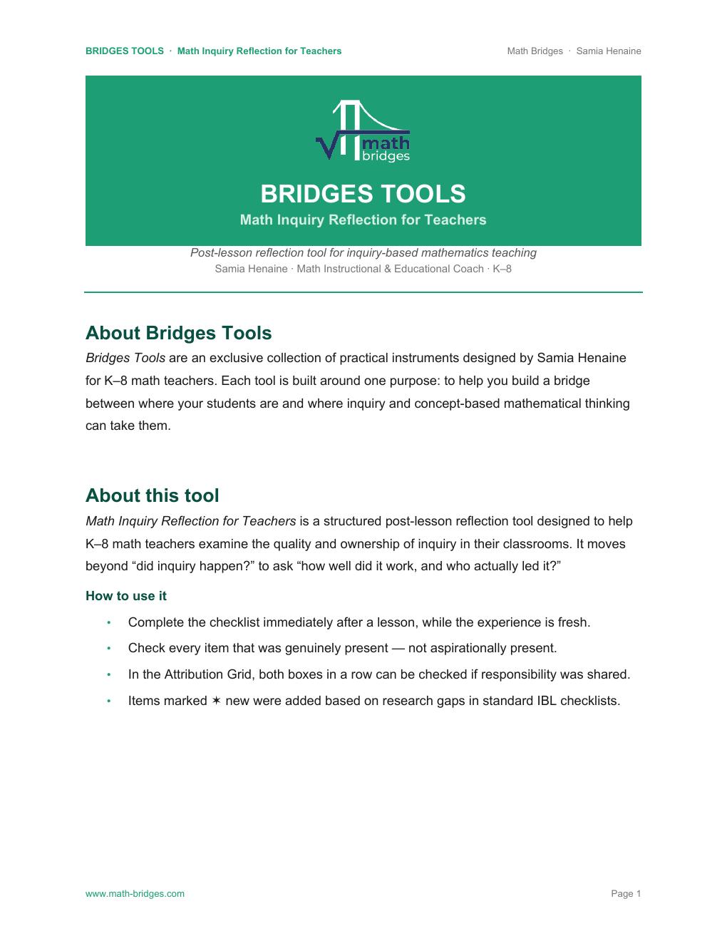 First page preview of Math Inquiry Reflection for Teachers