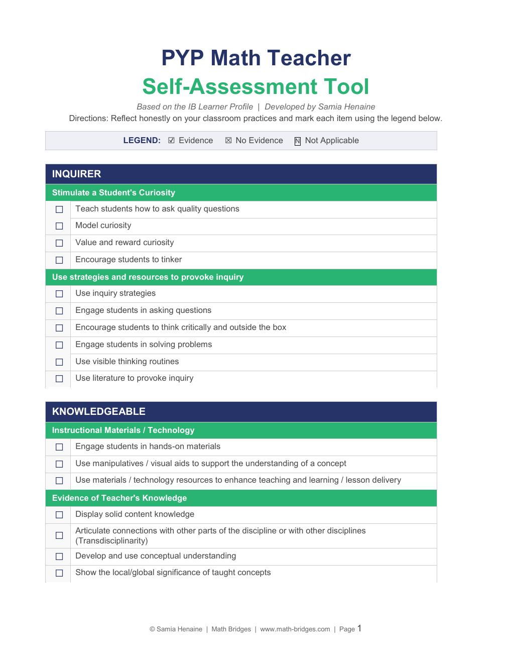 First page preview of PYP Math Teacher Self-Assessment