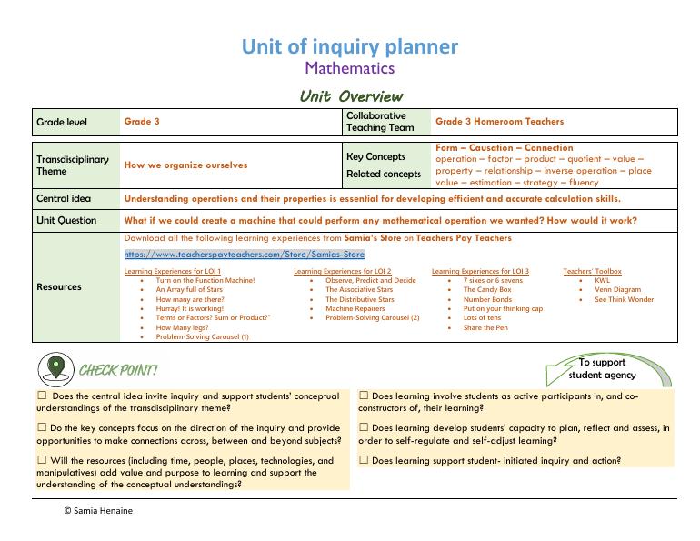 PYP math unit planner for operations grade 3 cover