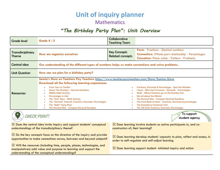 PYP math unit planner for fractions cover